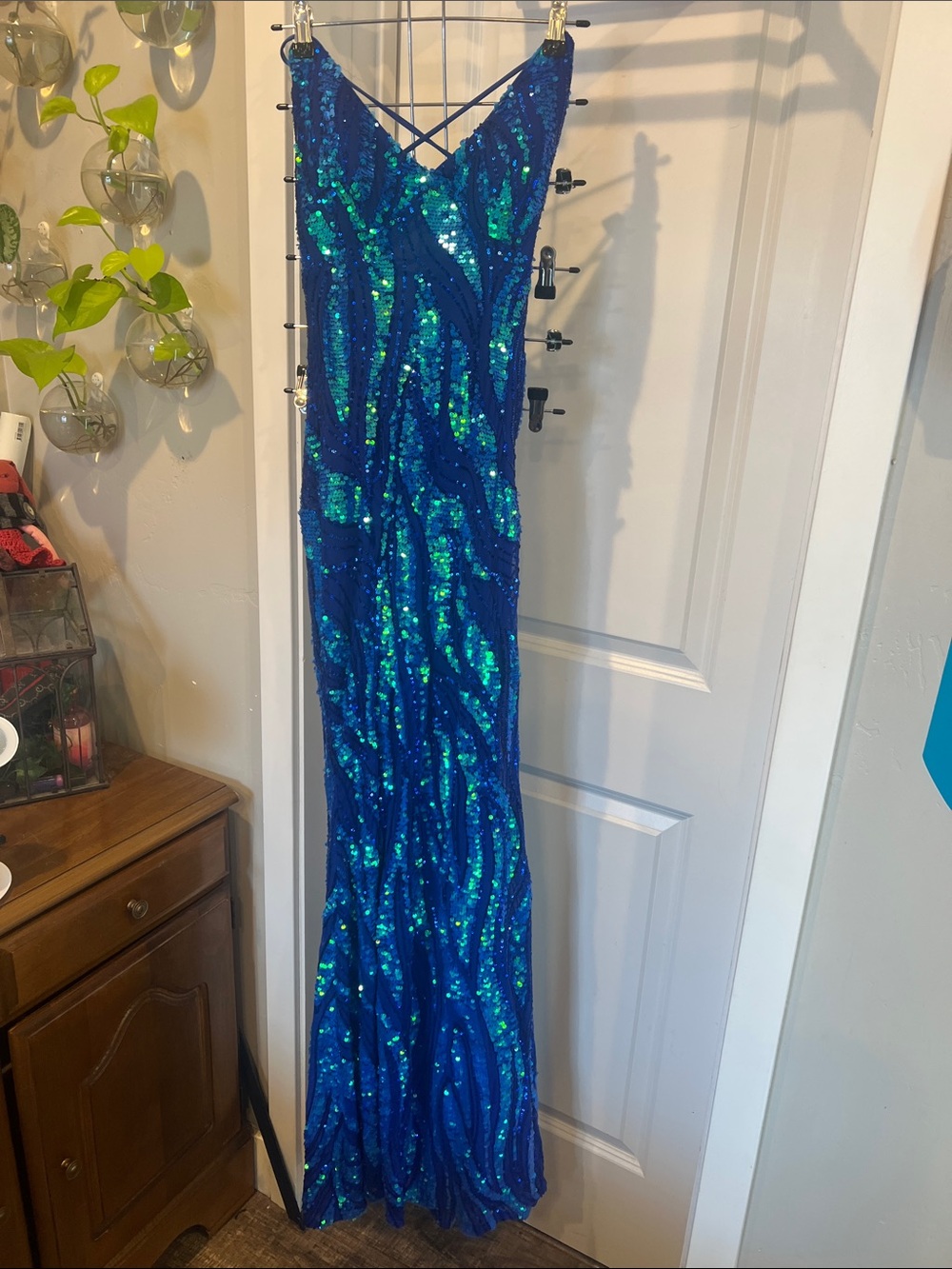 Sequined Blue and Teal Crisscross Strappy Evening Gown